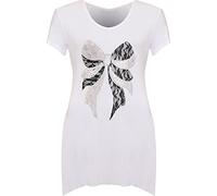 WearAll Womens Plus Size Bow Lace Stud Hanky Hem Ladies Short Sleeve Long Top - White - 16