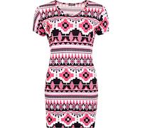 WearAll Womens Plus Size Short Sleeve Neon Aztec Print Dress Ladies Long Top - Pink - 18