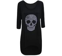 WearAll Womens Plus Size Skull Tail Back Dip Hem Ladies Long Scoop Neck Sleeve Top - Black - 16