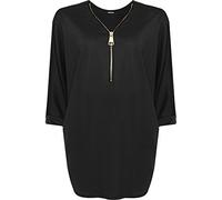 WearAll Womens Plus Zip Curved Hem V-Neck Batwing Sleeve Top New Ladies Baggy Blouse - Black - 24-26