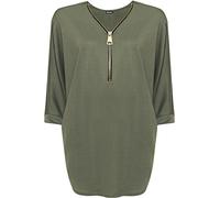 WearAll Womens Plus Zip Curved Hem V-Neck Batwing Sleeve Top New Ladies Baggy Blouse - Green - 20-22