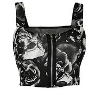 WearAll Womens Print Zip Bandeau Boobtube Ladies Padded Strap Crop Bralet Top - Skull Roses - 12-14