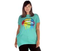 WearAll Women's Rainbow Lips Biting Slogan Oversize Top Two Side Pockets Short Sleeves Round Neckline Dipped Hem Design and Eye-Catching Print Green Plus Size UK 20-22