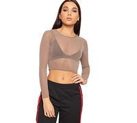 WearAll Womens Sheer Mesh Crop Top Ladies Long Sleeve Crew Neck Plain Stretch New - Mocha - 12-14