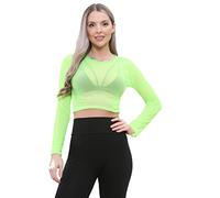 WearAll Womens Sheer Mesh Crop Top Ladies Long Sleeve Crew Neck Plain Stretch New - Neon Green - 8-10