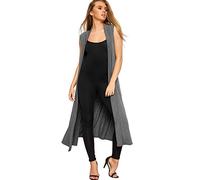 WearAll Women's Sleeveless Maxi Long Length Boyfriend Cardigan Collar Long Floaty Duster Jacket Coat Blazer Waistcoat - Dark Grey - 24-26
