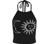 WearAll Women's Sun Moon Print Halter Neck Sleeveless Crop Vest T-Shirt Top Black White