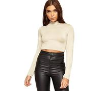 WearAll Womens Turtle Neck Cropped Long Sleeve Ladies Stretch Plain Polo Short Top Stone 12/14