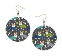 Wearing Clothes Corgi Dogs Print Piercing Round Leather Earrings Set 1 Pair Stylish Leather Earrings Dangle Hoop For Women Jewelry Gifts