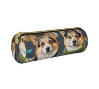 Wearing Clothes Corgi Dogs Printed Leather Pencil Case Round Pen Pencil Pouch Office Large Pencil Bag Stationery Box for Men Women Teens Students