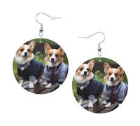 Wearing Clothes Corgi Dogs Prints Leather Round Earrings Pendant Stylish And Light Lightweight Dangle For Women Girls, One Size, Leather, No Gemstone