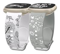 Wearlizer 2 Pack Floral Engraved Strap Compatible with Fitbit Versa 3 Straps/Versa 4 Straps/Sense 2/Sense Bands Women, Cute Two-Tone Flower Soft Silicone Sport Bracelet Starlight/Black Green/Black