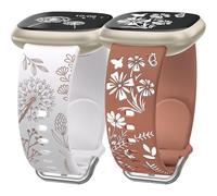 Wearlizer 2 Pack Floral Engraved Strap Compatible with Fitbit Versa 3 Straps/Versa 4 Straps/Sense 2/Sense Bands Women, Cute Two-Tone Flower Soft Silicone Sport Bracelet Starlight/Black Green/Black