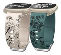 Wearlizer 2 Pack Floral Engraved Strap Compatible with Fitbit Versa 3 Straps/Versa 4 Straps/Sense 2/Sense Bands Women, Cute Two-Tone Flower Soft Silicone Sport Bracelet Starlight/Black Green/Black