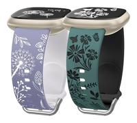 Wearlizer 2 Packs Floral Engraved Wristbands Compatible with Fitbit Versa 4/Versa 3/Sense 2/Sense Women, Two-Tone Flower Silicone Sports Bracelet, Blue/White & Green/Black