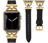 Wearlizer Leather Strap Compatible with Apple Watch Strap 38 mm 40 mm 41 mm Women, Genuine Leather Strap with D-Shaped Metal Clasp for iWatch Bands Series 8 SE 7 6 5 4 3 2 1, Black/Gold