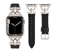 Wearlizer Leather Strap Compatible with Apple Watch Straps Women 38mm 40mm 41mm, Dressy Fancy Leather Strap with D-Shape Metal Buckle for iWatch Bands Series 9 8 SE 7 6 5 4 3 2 1 Black/Starlight