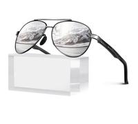 WEAROYO Polarized Sunglasses Men Womens Al-Mg Alloy Frame Spring Hinges Pilot Military Style UV400 Protection Driving, Black Frame/Silver Mirrored Lens, Medium
