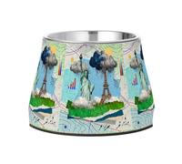 Weather Map Statue of Liberty & Eiffel Tower Bowls for Dogs Non Skid Stainless Steel Feeder Pets Bowl for Dogs Cats Rabbits Birds Whisker Fatigue