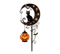 Weather Resistant Metal Hanging Pumpkin LED Stake Light, Auto Dusk Dawn Solar Black Cat Crescent Moon Ground Lamp, Outdoor Landscape Decor for Halloween Patio Lawn