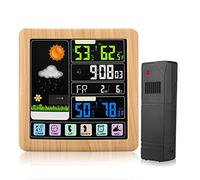 Weather Station, Colorful LCD Touch Screen Digital Weather Station Radio Multifunctional Wireless Weather Forecast with Alarm Clock, Temperature Humidity Meter for Indoor and Outdoor.(Wood grain)