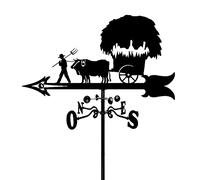Weather Vane Farmer and Cow Stainless Steel Durable Weathercock Ox Cart Silhouette Scene Garden Stake Weathervane Measuring Tools for Patio Yard Decoration