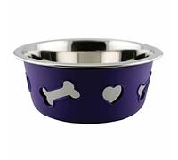 WeatherBeeta Non-Slip Stainless Steel Silicone Bone Dog Bowl, Dark Purple, 21cm