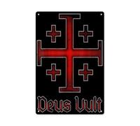 Weatherproof Metal Poster Templar Knights Cross Shield Deus Vult Distressed Graphic Wall Art Decor Rust-Proof Tin Metal Signs Plaque For Bar Pub Man Cave Kitchen M
