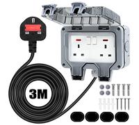 Weatherproof Outdoor Socket Waterproof Double Socket 3M Extension Lead IP66 Switched Wall Electrical Outlet 13 Amp 2 Gang Power Socket, Garden Outside Plug Sockets Cover Box