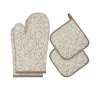 Weave Essentials Oven Gloves & Pot Holders Set 4pc | 100% Cotton Heat Resistant Oven Mitts with Hanging Loop | Non-Slip Kitchen Gloves for Cooking Baking BBQ | Beige