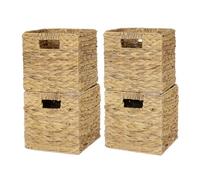 WEAVELYRICS 4 Pack 9in Wicker Storage Cubes, Water Hyacinth Baskets, Foldable Wicker Baskets, Storage Basket with Built-in Handles, Handwoven Natural Basket for Shelves, Outdoor