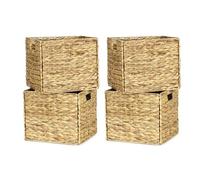 WEAVELYRICS Rectangular Storage Baskets 13x11in, 4 Pack Water Hyacinth Wicker Bins with Handles, Foldable Natural Organizer for Shelves Kitchen Closet, Handwoven Storage Cubes
