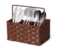 WEAVELYRICS Wicker Flatware Organizer, Plastic Wicker Cutlery Holder, Outdoor Silverware Caddy, Woven Divided Utensil Caddy with Handle, Utensil Holder, Holds Silverware, Napkins (Brown)