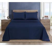 WEAVERS: 3 Pcs Luxury Poly Cotton Flat Sheet Set with Pillowcase Pair - Enduring Quality, All-Weather Comfort - Easy to Clean Bedding for Home or Hospitality Use. (Colour Navy Blue, Size King)