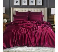 WEAVERS: Luxurious 6-Piece Silky Satin Bedding Set, Smooth & Glossy Finish, Includes Reversible Zipped Duvet Cover, 1 Fitted Sheet, and 4 Pillowcases. (Colour Burgundy Size Super King)