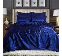 WEAVERS: Luxurious 6-Piece Silky Satin Bedding Set, Smooth & Glossy Finish, Includes Reversible Zipped Duvet Cover, 1 Fitted Sheet, and 4 Pillowcases. (Colour Navy Blue Size King)