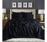 WEAVERS: Luxurious 6-Piece Silky Satin Bedding Set, Smooth & Glossy Finish, Includes Reversible Zipped Duvet Cover, 1 Fitted Sheet, and 4 Pillowcases. (Colour Black Size Super King)
