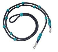 WeavingCraft Hand-Braided Roping Reins with Turquoise Colored Knots: Premium Black Nylon- Raw Hide Leather Horse Tack - Expertly Crafted