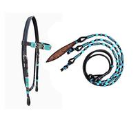 WeavingCraft Leather Braided Headstall with Rawhide with Multi Color Beads and Western Tack 8.5ft Contest Hand Braided Reins Combo Pack for Standard Size Horse Accessories - Turquoise