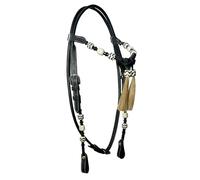 WeavingCraft Western Black Leather Round Molded Headstall with Natural Hand Braided Black & White Rawhide Futurity Knot Natural Hair Tassels Bridle - Full Size