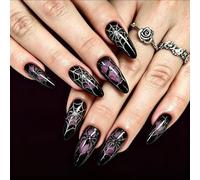 Web Artwork Press on Manicure 24 Piece Halloween Tip Set with Glossy Black Marbled Finish and Pointed Almond Shape for Costume Black Marbled Manicure Holiday Event Pointed Almond Shape Costume
