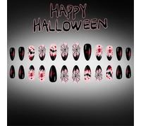 Web Pattern False Tips Halloween Press-on Manicure Set, Black French Pointed Tips with Bat Red Accents, 24 Pieces for Festive Outings Gothic Press Ons Artificial Stick on Costume Manicure Accessories