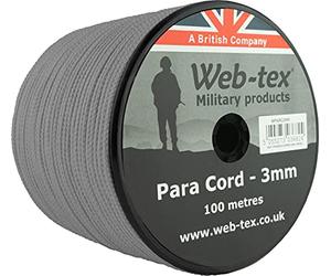 Web-tex Paracord Reel 100m x 3mm, Durable Polypropylene Parachute Cord, 70kg Breaking Strength, 330ft length - Ideal for Camping, Bushcraft, Hiking, DIY Crafts, Survival Kits and Hammocks - Grey
