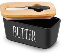 Webao Ceramic Butter Dish Multi-Function Enamel Butter Boat with Wooden Lid High Quality Butter Container with Silicone Sealing Lip for 250 g Butter Black