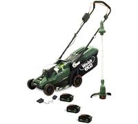 Webb Eco 20v Cordless Lawnmower and Grass Trimmer Garden Power Tool Kit 3 x 4ah Li-ion Battery Charger