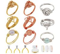 WEBBEDY Wire Wrapped Ring Making Kit, Jewelry Making Supplies Kit with 3-Color Jewelry Wire, Crystal Gemstone Beads, Mini Pliers Tools for Making 12 Sets Rings, 3 Styles Valentine's Day Unique Gift
