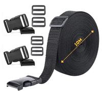 Webbing Strap, Black Polypropylene Webbing Strap Tape 20mm,25mm,40mm,50mm Wide for DIY Craft Dog Collar, Tow Ropes, Luggage Belt, 10M with 5 Sets of plastic release plastic buckles (25mm)