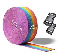 Webbing Strap, Multiple colors Polypropylene Webbing Strap Tape 25mm Wide for DIY Craft Dog Collar, Tow Ropes, Luggage Belt, 5M with 2 Sets of plastic release plastic buckles (Rainbow)