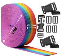 Webbing Strap, Rainbow Polypropylene Webbing Strap Tape 20 mm,25mm,40mm,50mm Wide for DIY Craft Dog Collar, Tow Ropes, Luggage Belt, 10M with 5 Sets of plastic release plastic buckles (20mm)