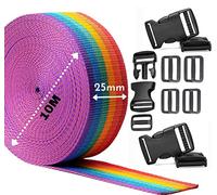 Webbing Strap, Rainbow Polypropylene Webbing Strap Tape 25mm,40mm,50mm Wide for DIY Craft Dog Collar, Tow Ropes, Luggage Belt, 10M with 5 Sets of plastic release plastic buckles (25 mm)